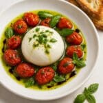 Creamy Burrata di Puglia served with roasted tomatoes, basil oil and balsamic glaze on a white plate, with toasted sourdough on the side; recipe and image created by Nicol Retailer Limited.