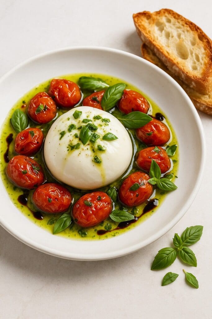 Creamy Burrata di Puglia served with roasted tomatoes, basil oil and balsamic glaze on a white plate, with toasted sourdough on the side; recipe and image created by Nicol Retailer Limited.