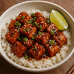 Crispy garlic-chilli Satonoyuki Firm Silken Tofu glazed in sticky soy sauce, topped with sesame seeds and spring onions, served over jasmine rice in a rustic bowl. Vegan recipe created by Nicol Retailer Limited.