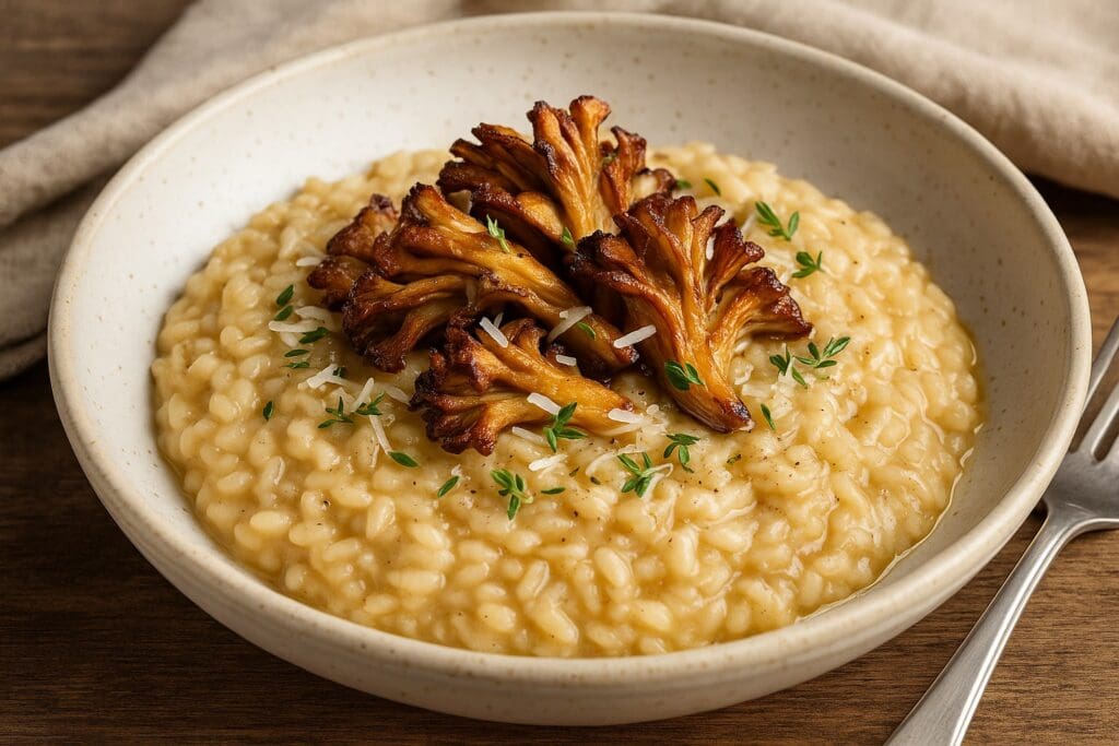 Creamy maitake mushroom risotto topped with crispy golden-brown mushrooms, parmesan, and thyme butter, served in a rustic ceramic bowl. Created by Nicol Retailer Limited using premium Maitake Mushrooms 500g.