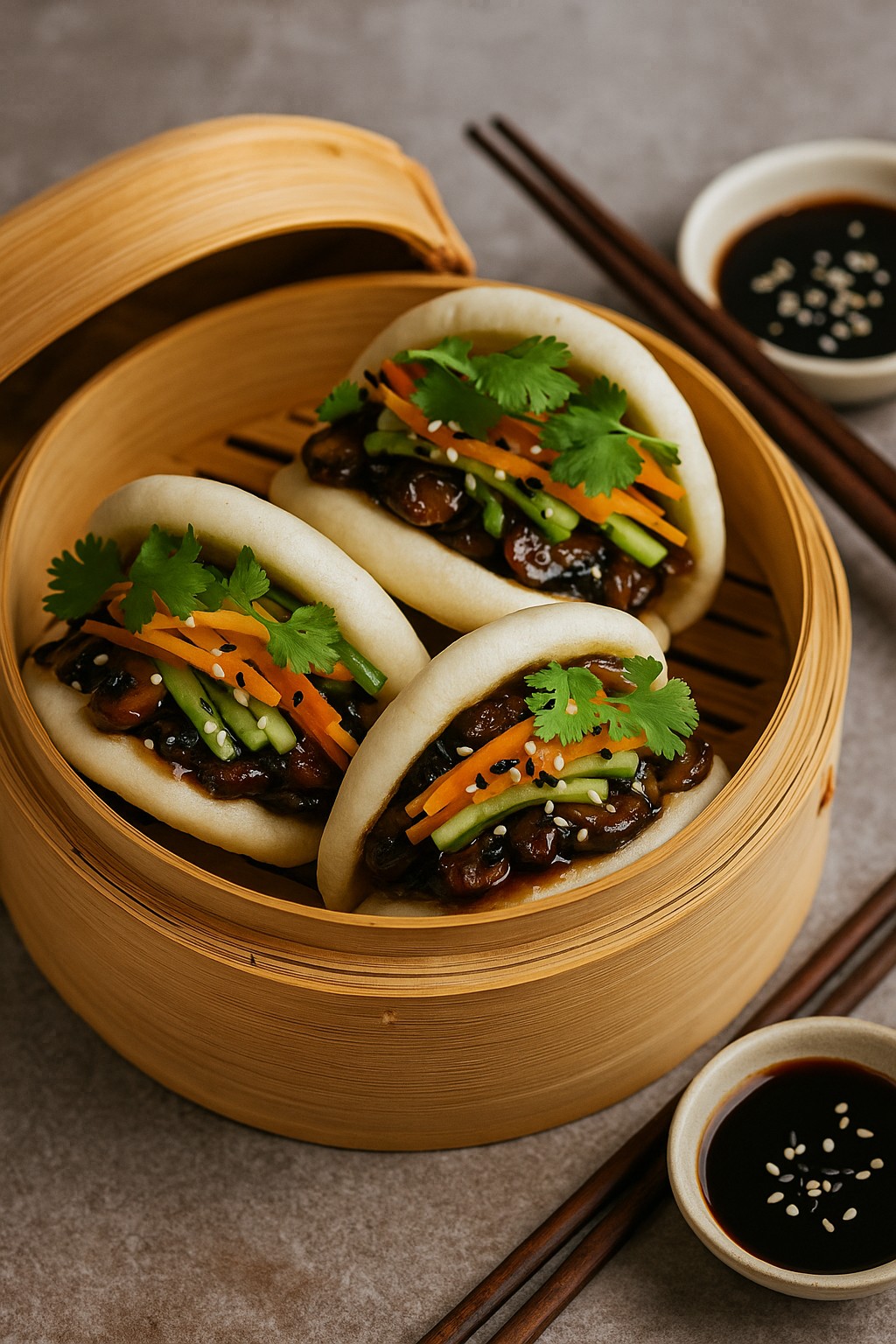 Soft Bao Hirata Buns filled with sticky hoisin mushrooms, pickled vegetables, and herbs — a vegan street food recipe by Nicol Retailer Limited.