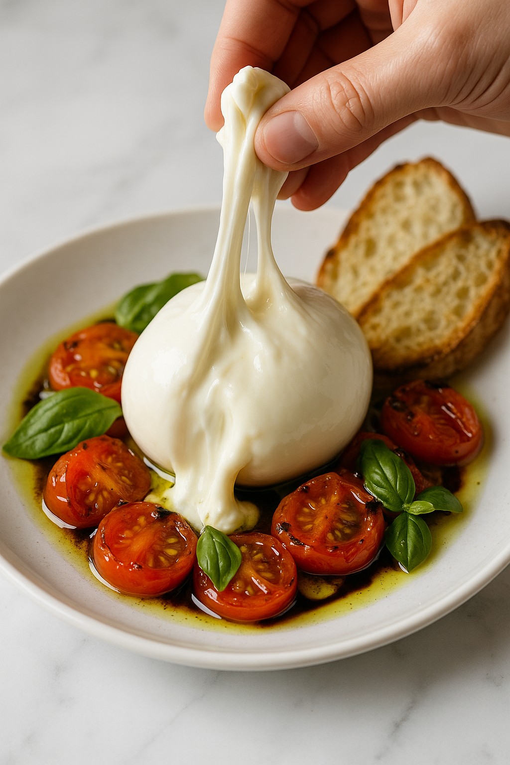Creamy Burrata di Puglia served with roasted tomatoes, basil oil and balsamic glaze on a white plate, with toasted sourdough on the side; recipe and image created by Nicol Retailer Limited.