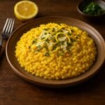 Creamy saffron risotto topped with parmesan, parsley and lemon zest. Image and recipe created by Nicol Retailer Limited