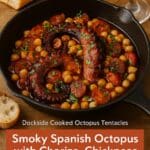 Smoky Spanish octopus and chorizo dish with chickpeas, cherry tomatoes, and paprika oil served in a rustic skillet, made with Dockside cooked octopus tentacles from Nicol Retailer Limited.