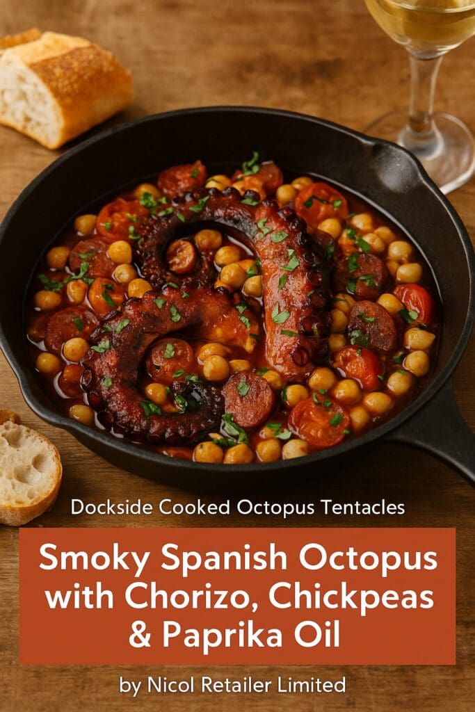 Smoky Spanish octopus and chorizo dish with chickpeas, cherry tomatoes, and paprika oil served in a rustic skillet, made with Dockside cooked octopus tentacles from Nicol Retailer Limited.