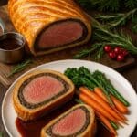 Supreme Beef Wellington with flaky pastry, sliced and served with roasted vegetables and red wine jus, Christmas garnish. Image and recipe created by Nicol Retailer Limited