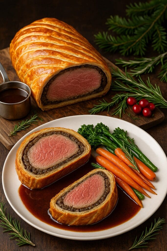 Supreme Beef Wellington with flaky pastry, sliced and served with roasted vegetables and red wine jus, Christmas garnish. Image and recipe created by Nicol Retailer Limited