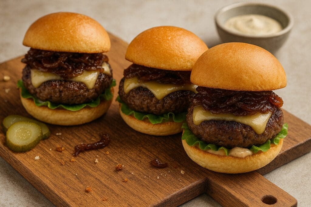 Gourmet gluten-free beef sliders with caramelised onions on rustic wooden board – recipe and image created by Nicol Retailer.