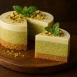 Pistachio and white chocolate mousse cake with a smooth layered finish, topped with crushed pistachios and mint. Image and recipe created by Nicol Retailer Limited