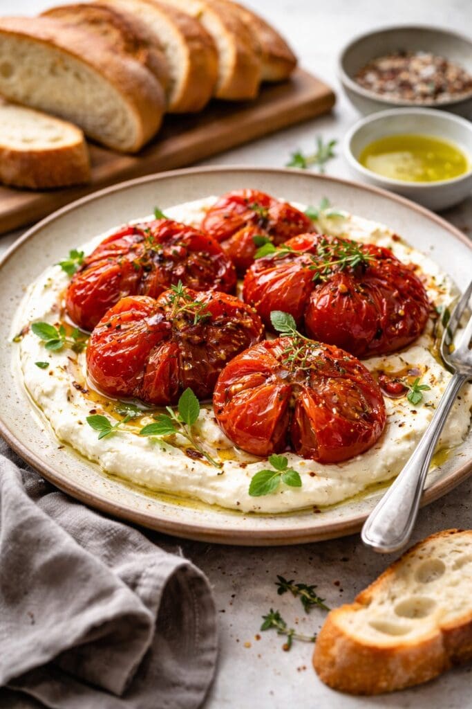 Slow-roasted Coeur de Bœuf tomatoes with whipped feta and fresh herbs.