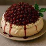 High-resolution pavlova topped with whipped cream, Darta Pitted Morello Cherries, and dark chocolate shavings, created by Nicol Retailer Limited.
