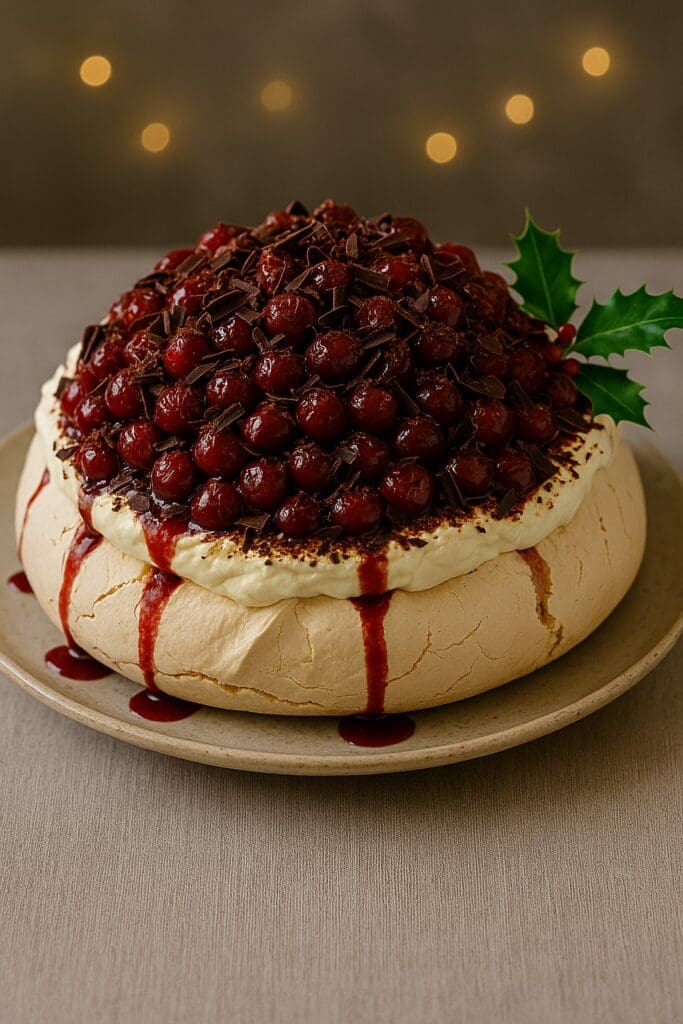 High-resolution pavlova topped with whipped cream, Darta Pitted Morello Cherries, and dark chocolate shavings, created by Nicol Retailer Limited.