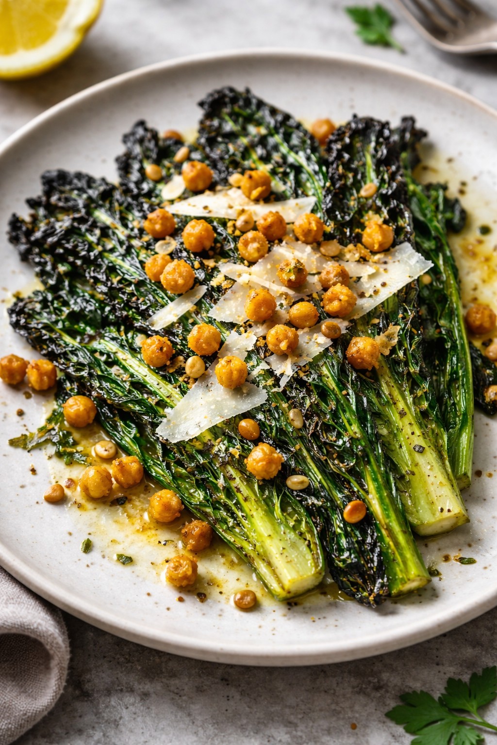 Charred cavolo nero cabbage topped with crispy chickpeas, shaved Parmesan and lemon zest, served as a restaurant-style Italian vegetable dish. Image and recipe created by Nicol Retailer Limited.