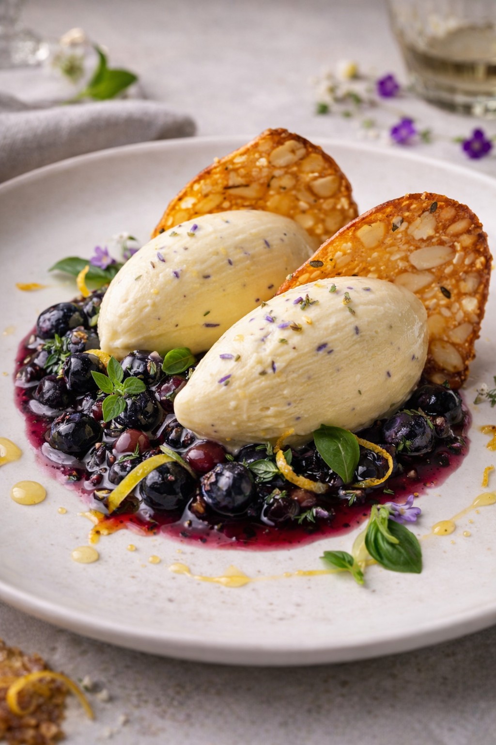 Lemon and lavender soft ice served with blueberry basil compote and almond tuiles, made using Arla Slower Melt Soft Ice Mix, recipe by Nicol Retailer