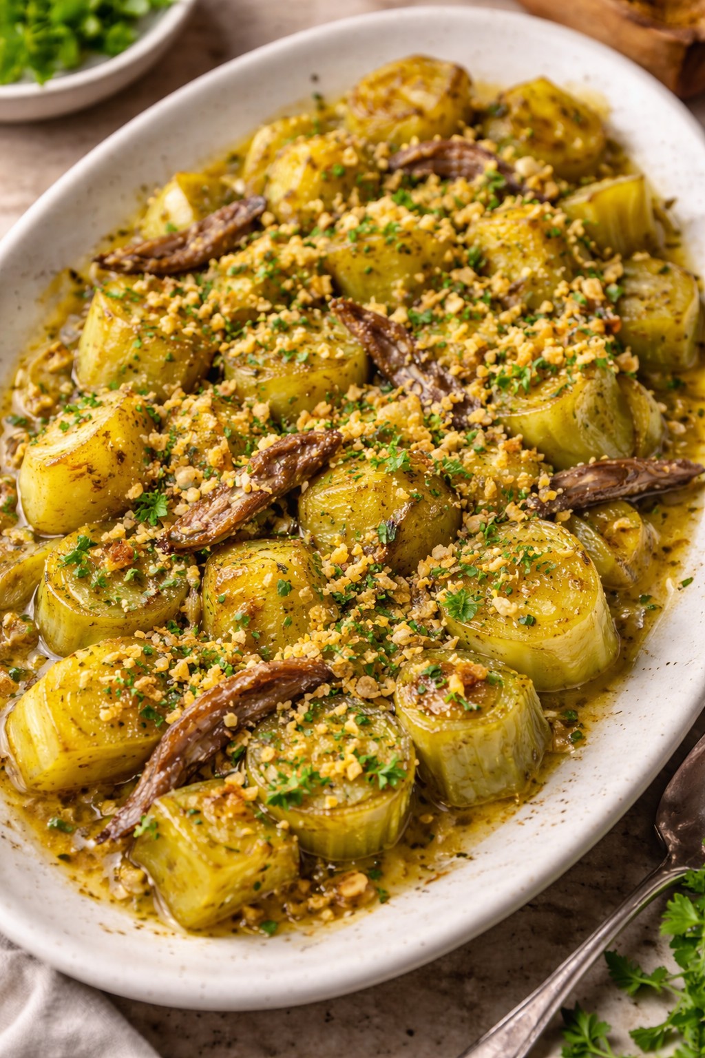 Warm anchovy and buttered leeks with lemon crumbs made using anchovy fillets in sunflower oil, recipe and image created by Nicol Retailer Limited
