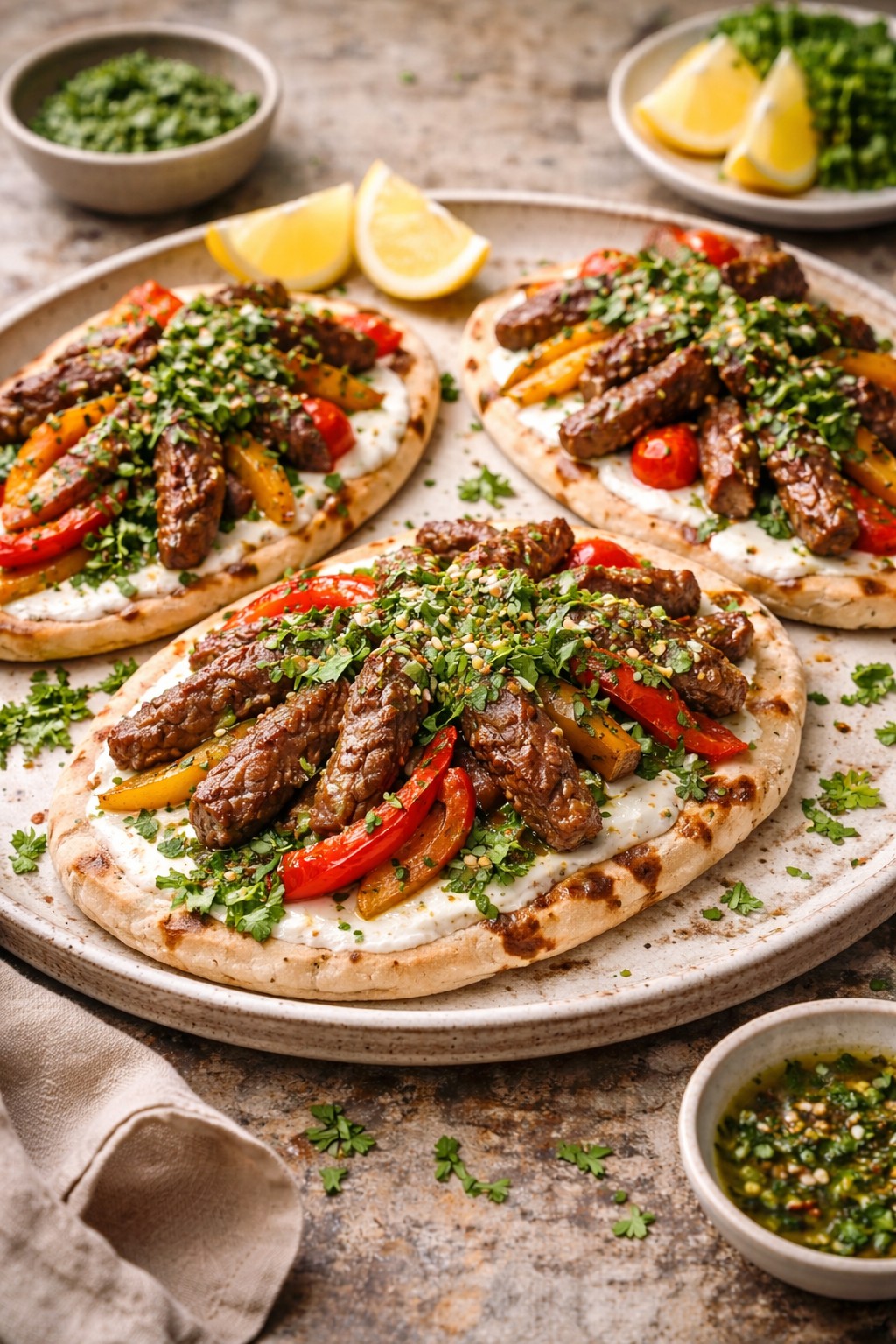 Plated chimichurri beef flatbreads topped with seared British beef stir fry strips, charred peppers, fresh herbs and yoghurt on a rustic ceramic plate