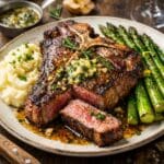 Pan-seared 14-day aged T-bone steak served with truffle mashed potatoes and charred asparagus, finished with garlic herb butter, recipe by Nicol Retailer