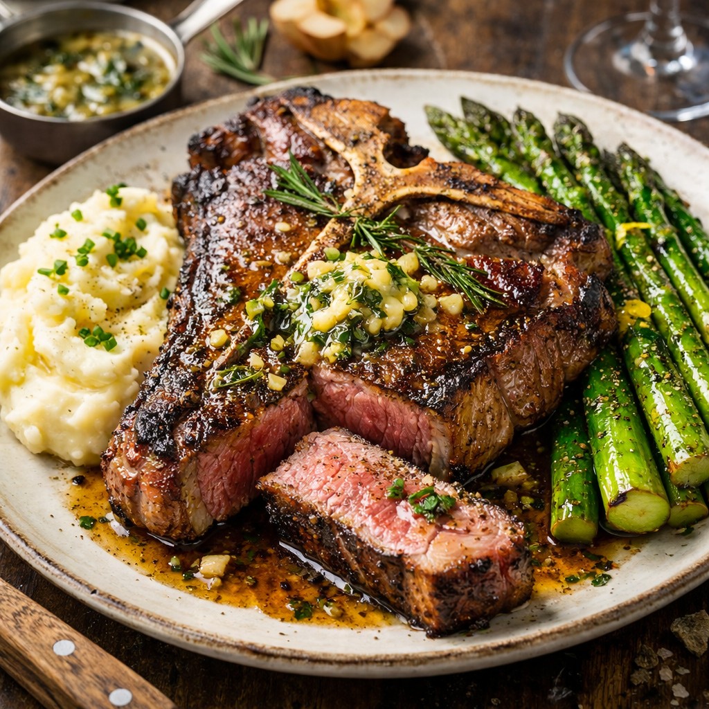 Pan-seared 14-day aged T-bone steak served with truffle mashed potatoes and charred asparagus, finished with garlic herb butter, recipe by Nicol Retailer