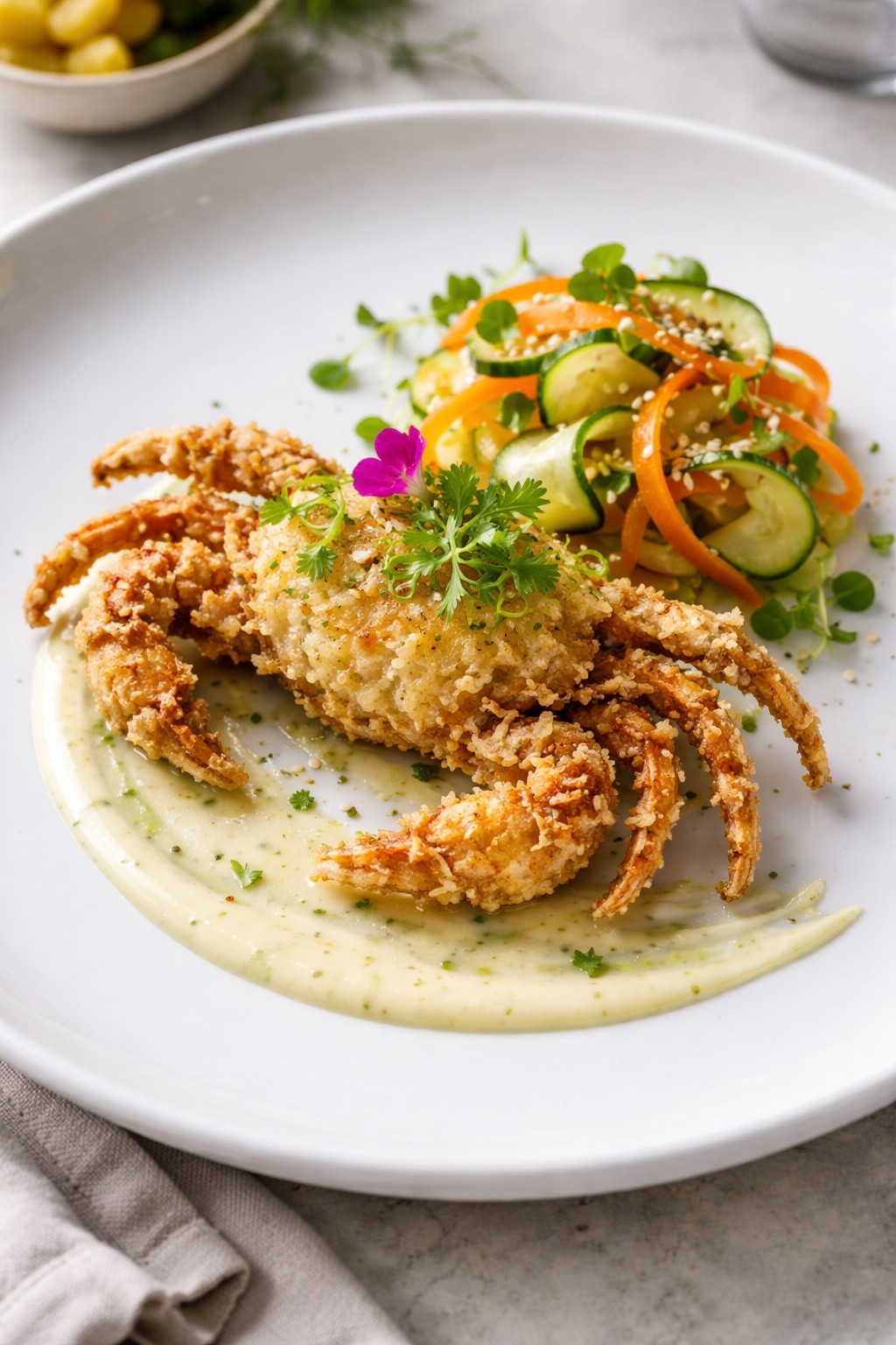 Golden crispy tempura soft shell crab served with yuzu kosho emulsion, pickled cucumber and carrot, and micro herbs on a fine dining plate