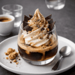 Vanilla soft serve affogato topped with dark chocolate shards, crushed amaretti biscuits and cocoa powder, recipe and image by Nicol Retailer Limited