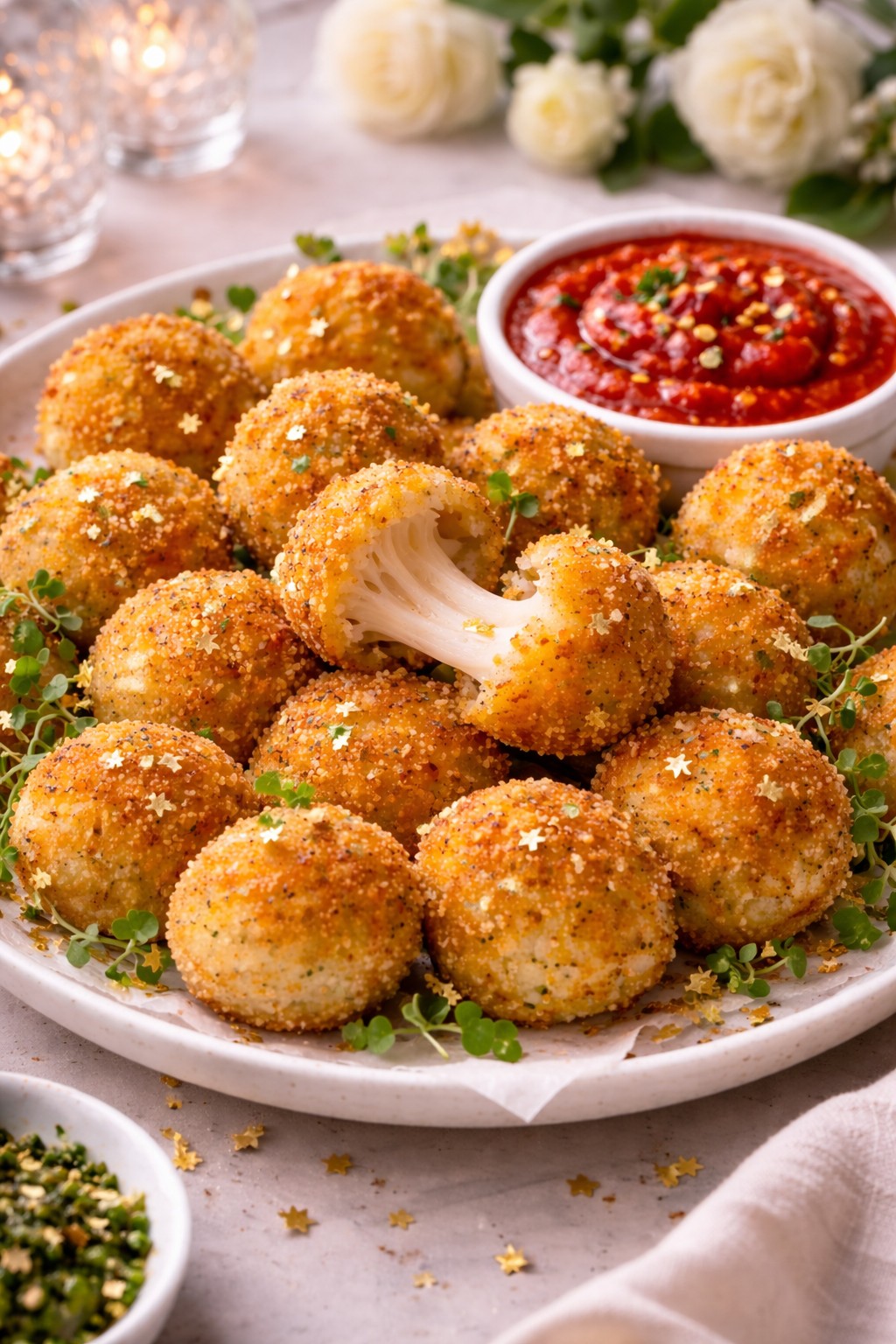 Crispy baked bocconcini mozzarella bites with melted cheese centre and marinara sauce, recipe image by Nicol Retailer Limited