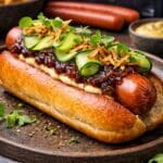 Gourmet hot dog recipe by Nicol Retailer Limited with Westlers jumbo sausage, caramelised onions, cucumber ribbons and crispy shallots in brioche bun