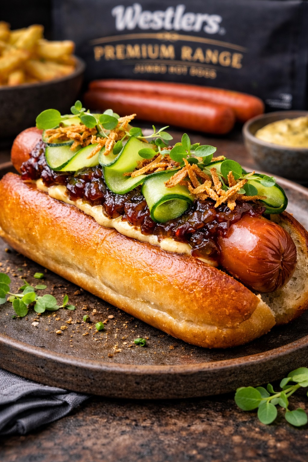 Gourmet hot dog recipe by Nicol Retailer Limited with Westlers jumbo sausage, caramelised onions, cucumber ribbons and crispy shallots in brioche bun