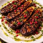 Balsamic glazed roasted aubergine with tahini, pomegranate and herbs – recipe by Nicol Retailer Limited