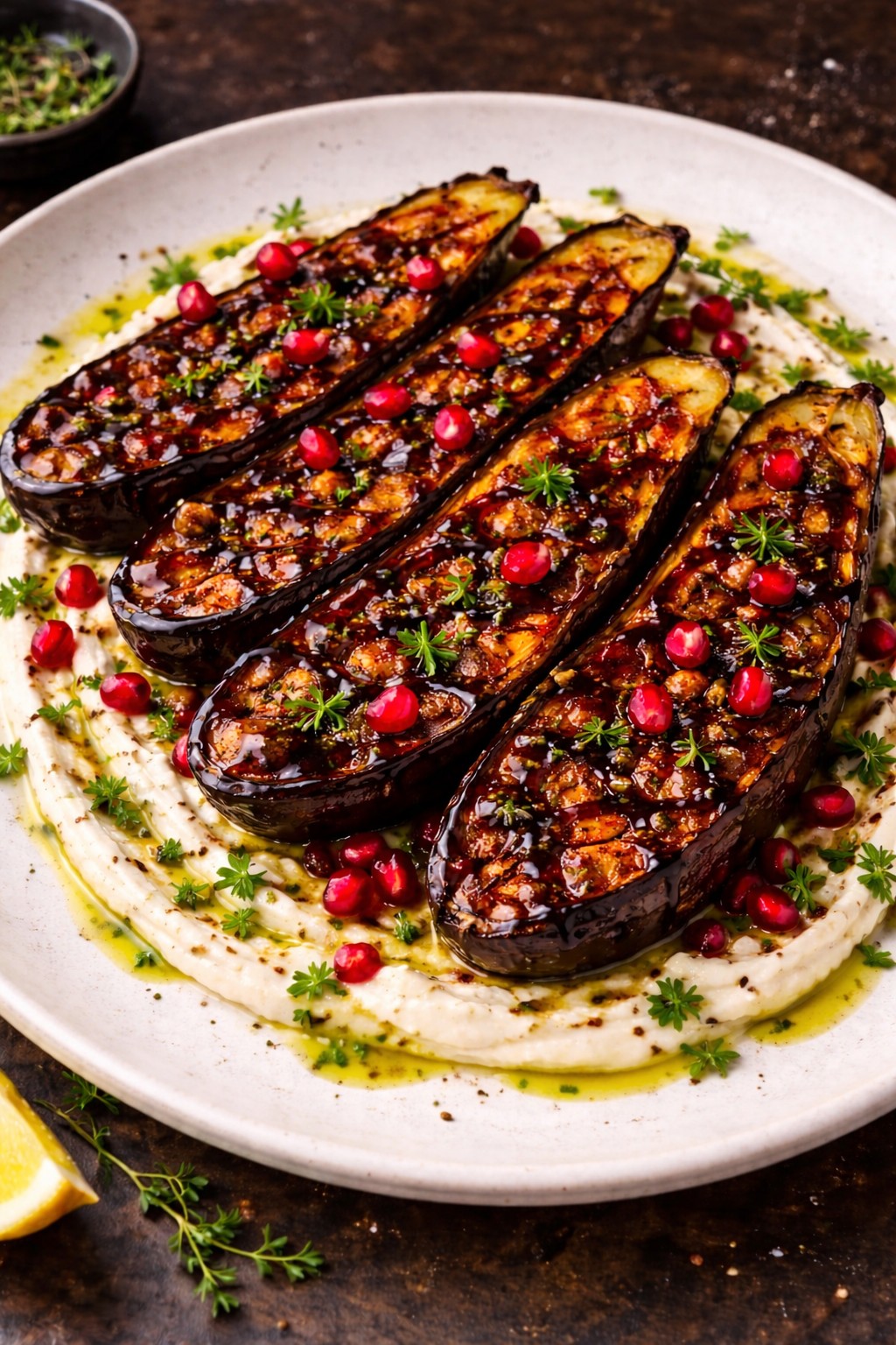 Balsamic glazed roasted aubergine with tahini, pomegranate and herbs – recipe by Nicol Retailer Limited
