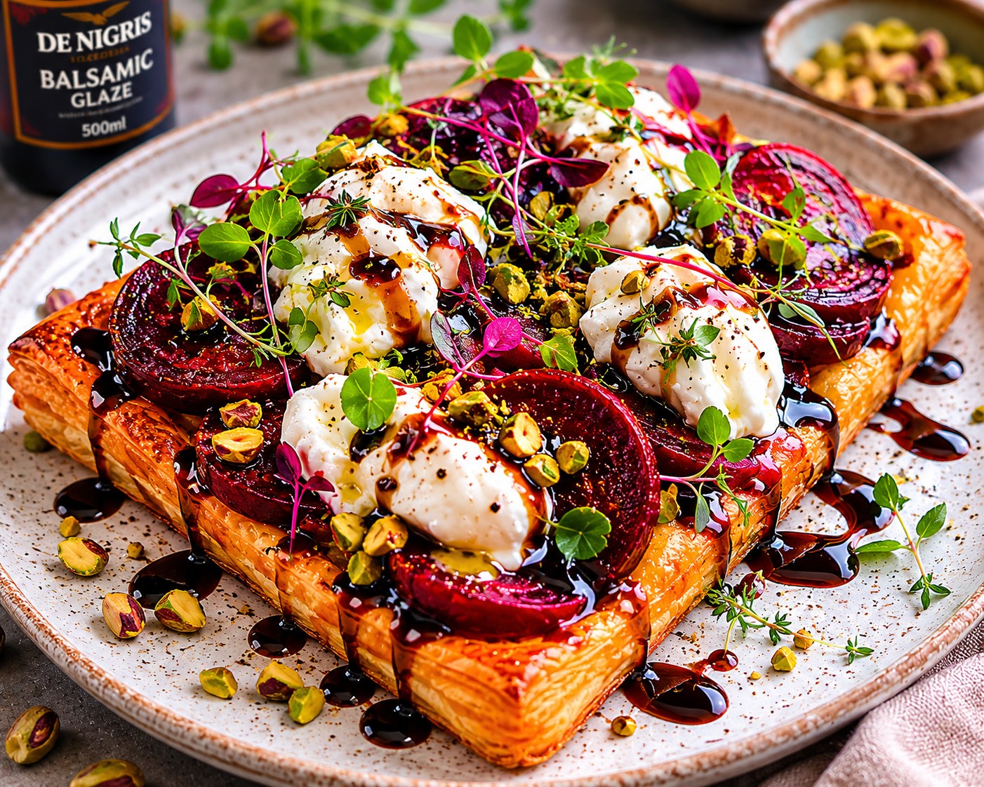 Burrata and balsamic glazed beetroot tart with pistachio crumb on puff pastry – recipe and image created by Nicol Retailer Limited