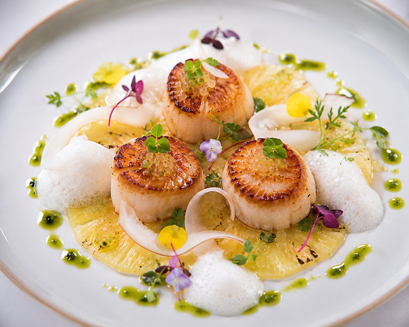 Michelin-star seared king scallops served with fresh coconut foam, pineapple carpaccio, citrus herb oil, finger lime pearls, coconut ribbons, micro herbs, and edible flowers on an elegant fine-dining plate – recipe and image created by Nicol Retailer Limited.
