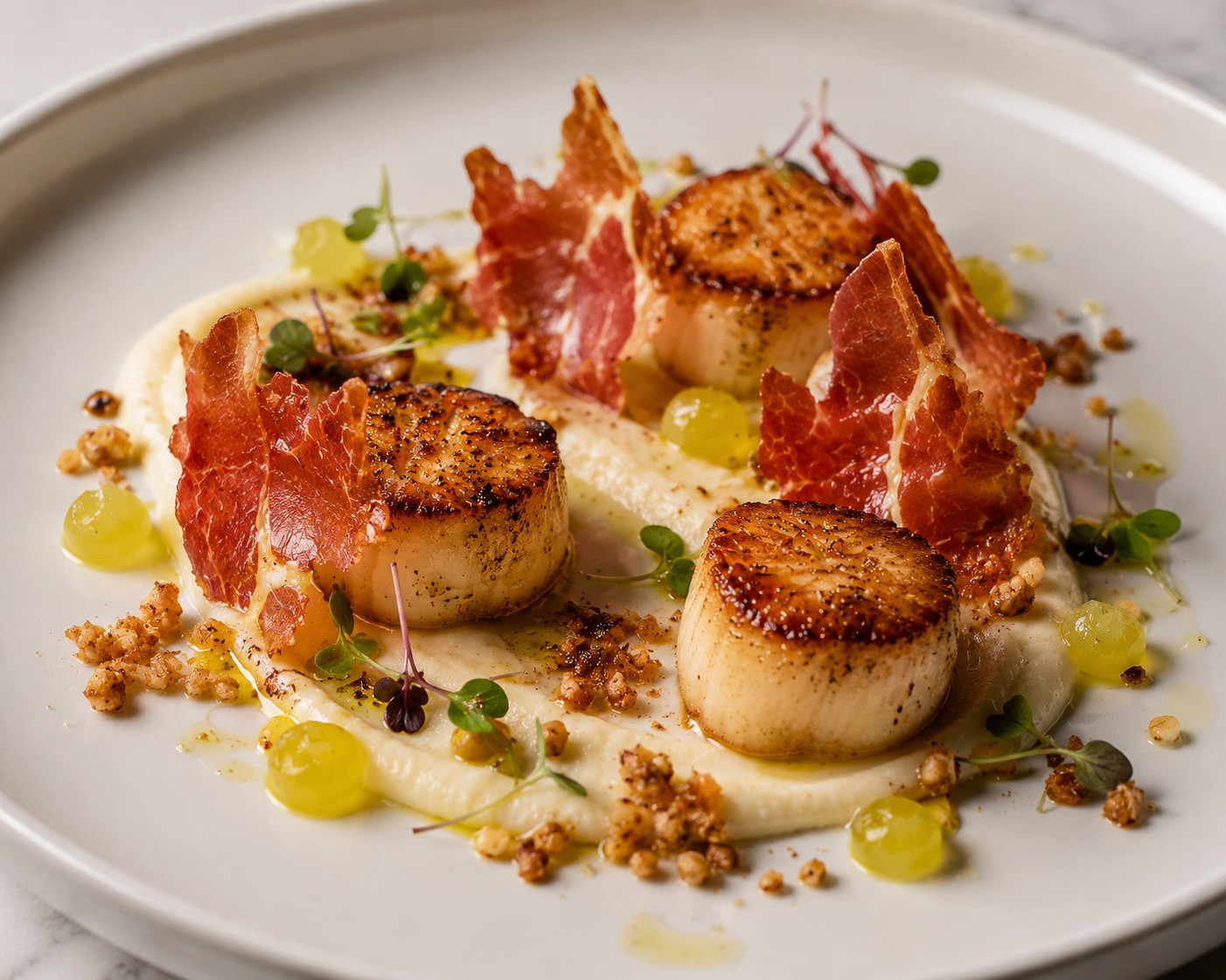 Pan-seared king scallops with crispy Prosciutto Crudo, cauliflower purée, apple gel and hazelnut crumb, beautifully plated in a Michelin-style presentation by Nicol Retailer Limited.