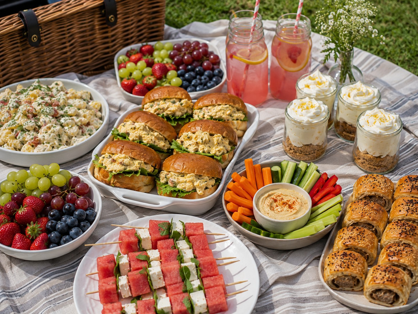 Family picnic feast created by Nicol Retailer Limited featuring coronation chicken brioche rolls, honey sausage rolls, potato salad, watermelon and feta skewers, fresh fruit, hummus, cheesecake jars, and strawberry lemonade on an outdoor picnic blanket. Nicol Retailer Limited. All rights reserved.