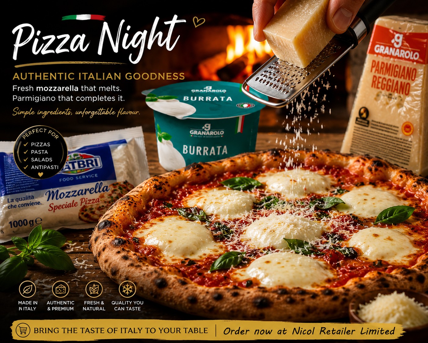 Stone-baked Italian pizza topped with melting mozzarella, freshly grated Parmigiano Reggiano, basil and authentic Italian cheeses including Latbri Mozzarella and Granarolo Burrata.