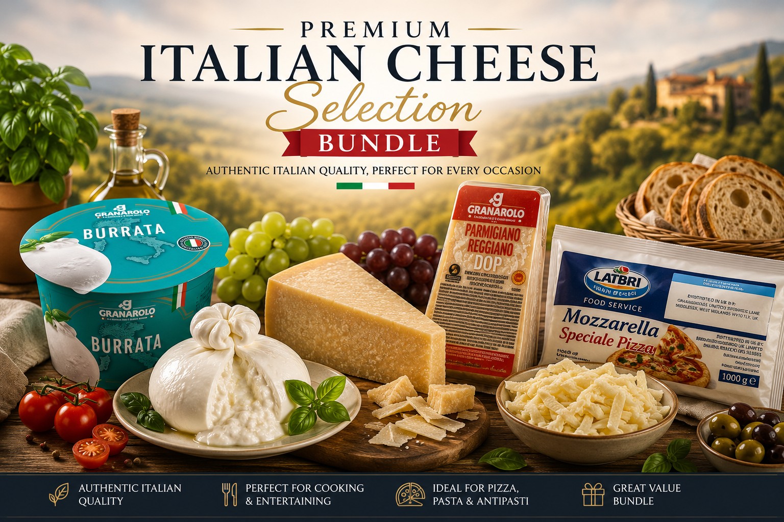 Premium Italian Cheese Selection Bundle featuring Granarolo Burrata, Latbri Mozzarella Speciale Pizza and Granarolo Parmigiano Reggiano with artisan bread, grapes, tomatoes and basil.