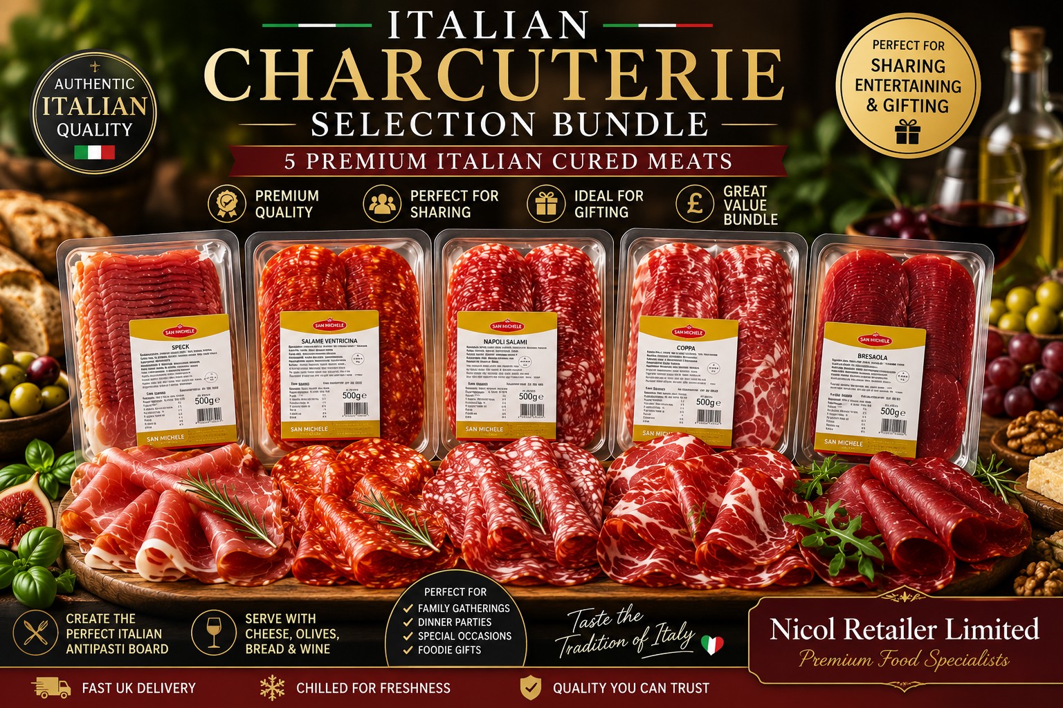 Italian charcuterie selection bundle with sliced Speck, Ventricina, Salame Napoli, Coppa and Bresaola
