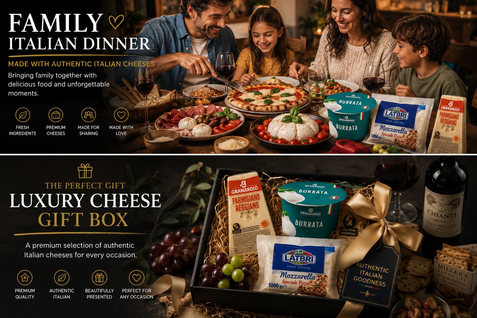 Family enjoying an authentic Italian dinner with stone-baked pizza, fresh pasta, antipasti and premium Granarolo Burrata, Latbri Mozzarella and Parmigiano Reggiano