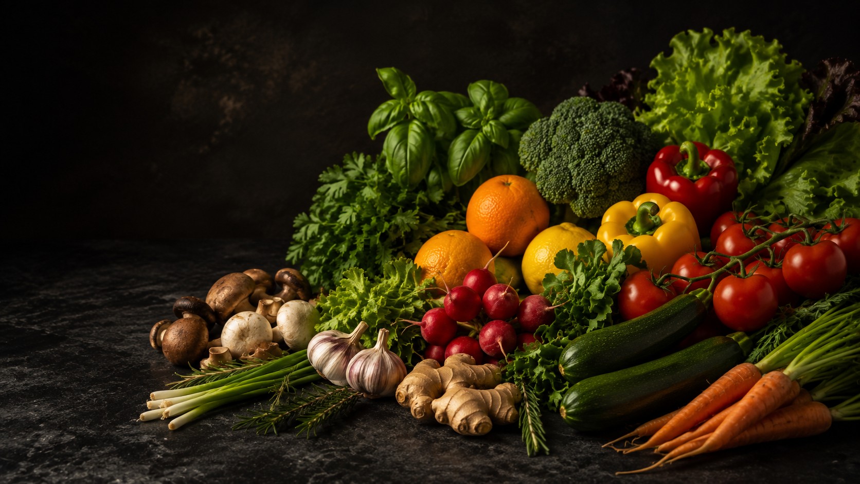 Fresh vegetables, herbs, mushrooms and citrus