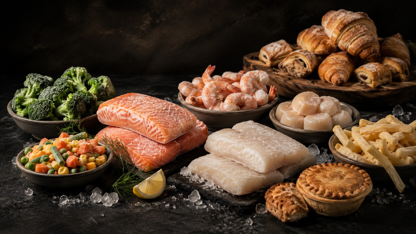 Frozen seafood, vegetables and freezer food