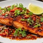 Chiu Chow chilli oil salmon with sticky soy, ginger and lime glaze, garnished with sesame seeds, spring onions and fresh chilli