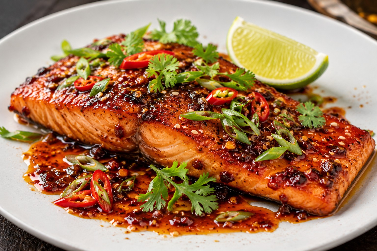 Chiu Chow chilli oil salmon with sticky soy, ginger and lime glaze, garnished with sesame seeds, spring onions and fresh chilli