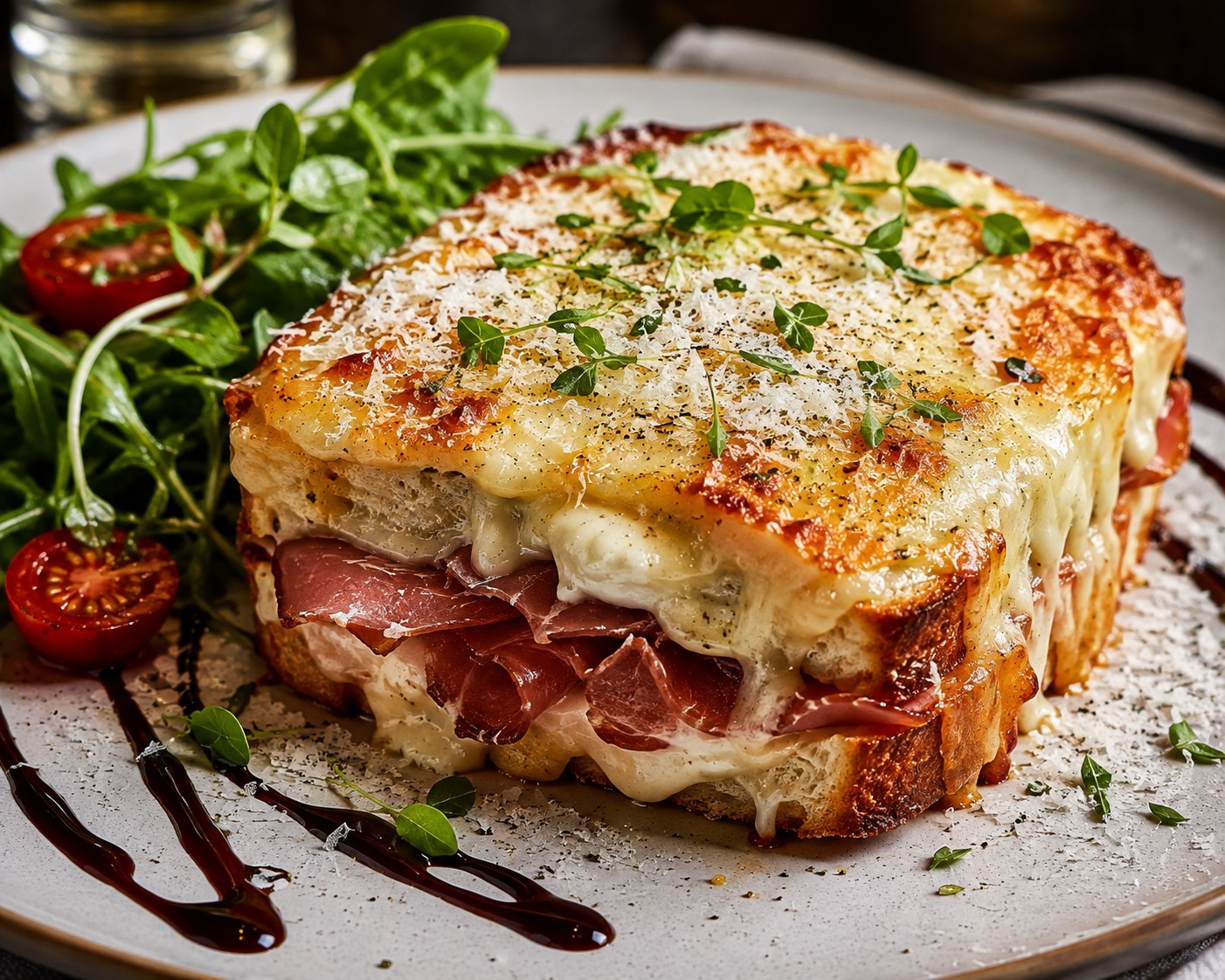 Michelin-style Croque Monsieur with premium Italian cured meats, Burrata, Gruyère and truffle Béchamel. Recipe and image created by Nicol Retailer Limited.