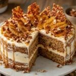 Plantain salted caramel and pecan praline cake with caramelised ripe plantain, vanilla mascarpone and pecan praline, created by Nicol Retailer Limited.