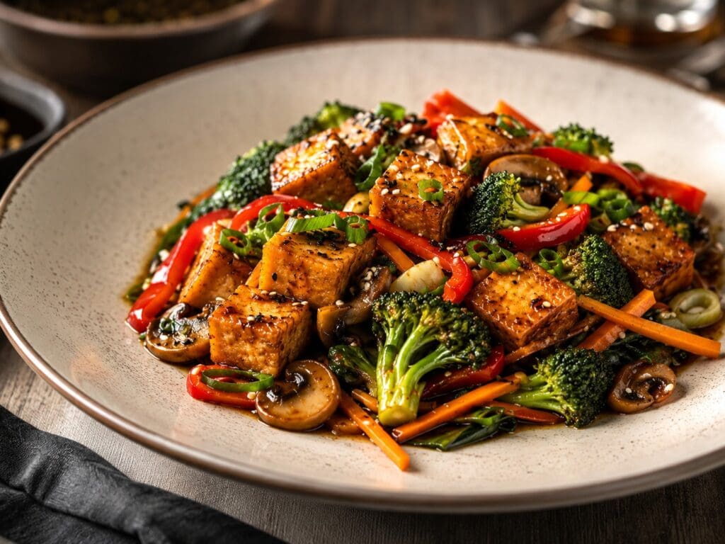 Crispy golden tofu stir-fry with broccoli, red peppers, mushrooms, carrots, spring onions and sesame seeds.