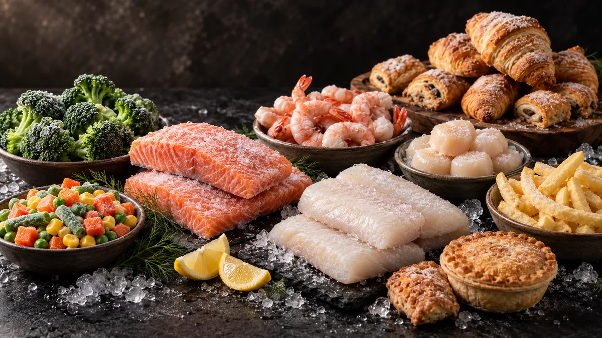 Frozen seafood, vegetables and freezer food
