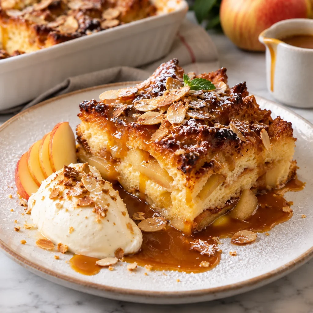 Brioche bread and butter pudding with caramelised apples, warm Calvados caramel, vanilla crème fraîche and toasted almonds