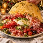Golden Parmigiano crown lifted above an Italian Christmas antipasti platter with Prosciutto, Burrata, cured meats, figs, olives and roasted tomatoes.